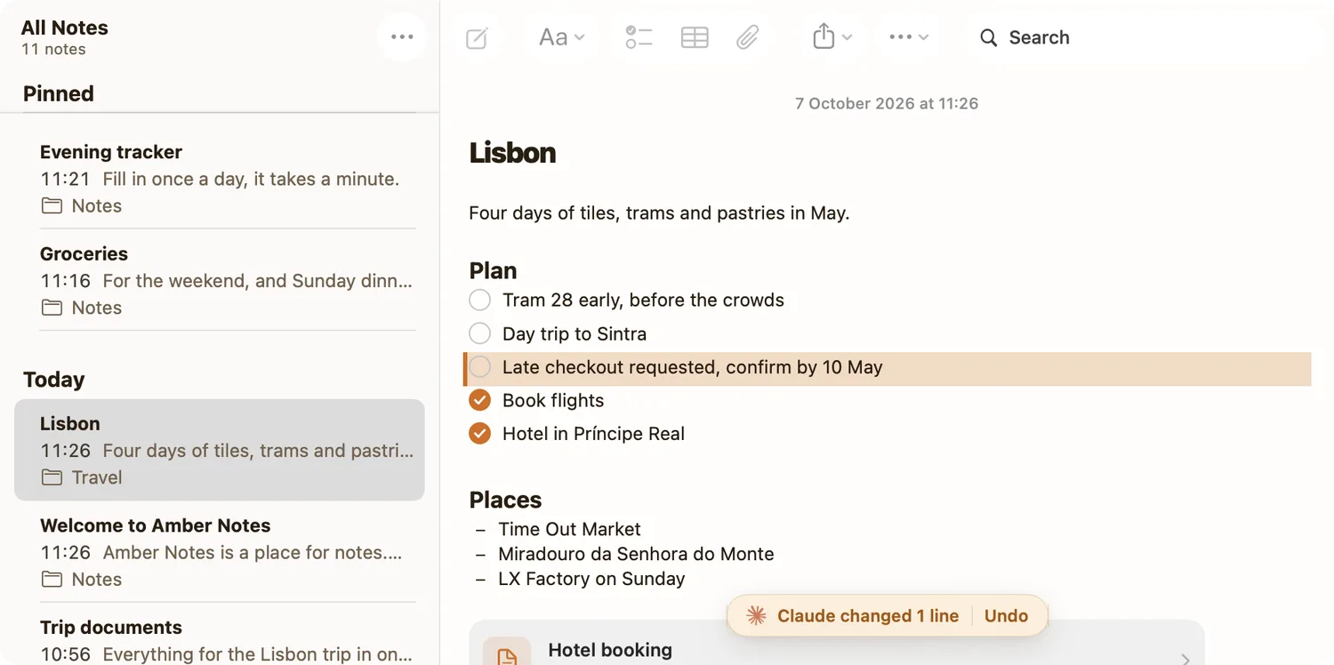 A Lisbon trip note in Pinto Notes on a Mac. In the Plan checklist, the line Claude just added, Late checkout requested, confirm by 10 May, is tinted, and a bar at the bottom says Claude changed 1 line, with Undo.