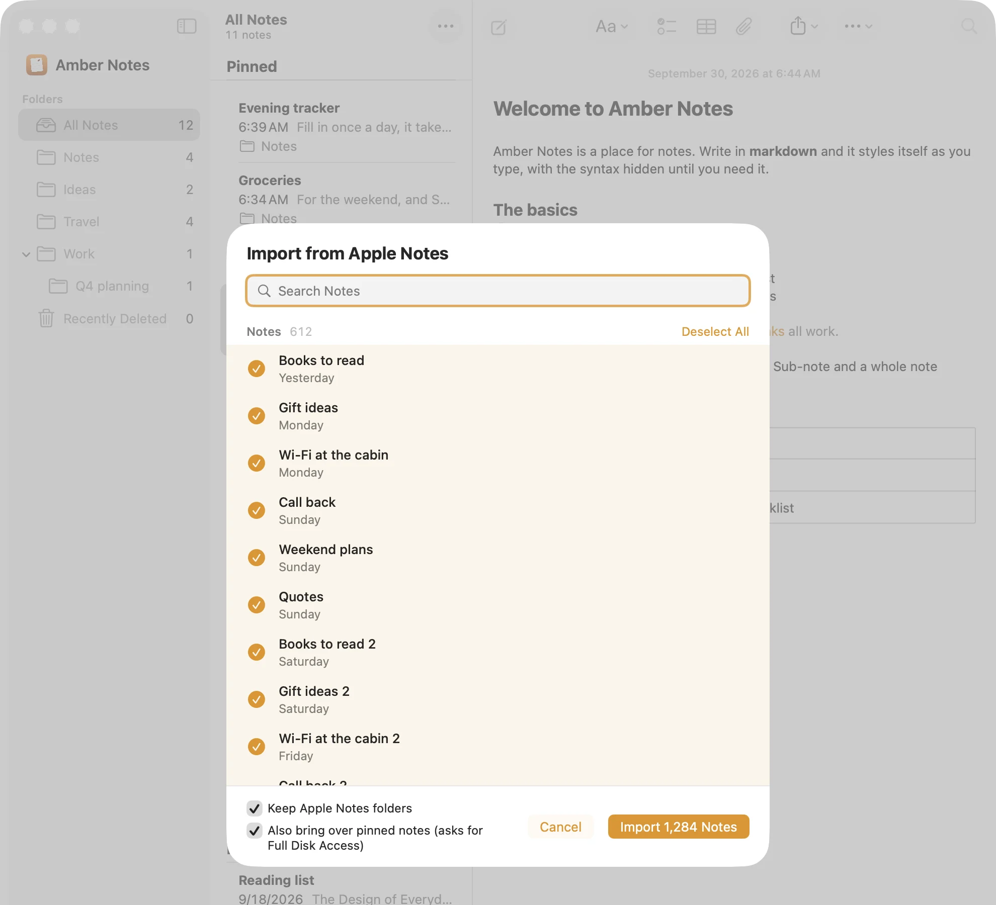 The Import from Apple Notes sheet in Amber Notes on a Mac: notes picked, Keep Apple Notes folders and Also bring over pinned notes ticked, and an Import 1,284 Notes button.
