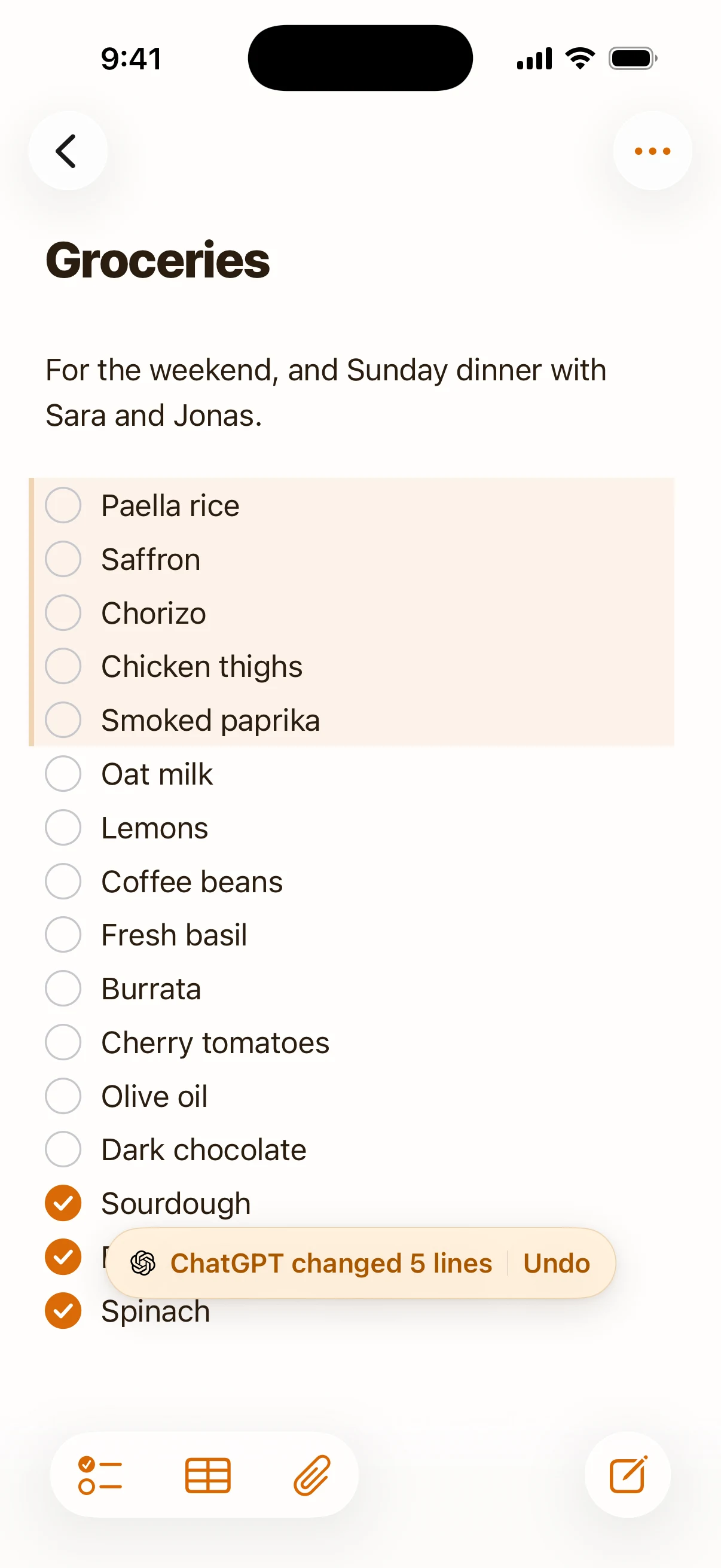 A Groceries checklist in Amber Notes on iPhone. The five items ChatGPT just added are tinted, and a bar says ChatGPT changed 5 lines, with Undo.