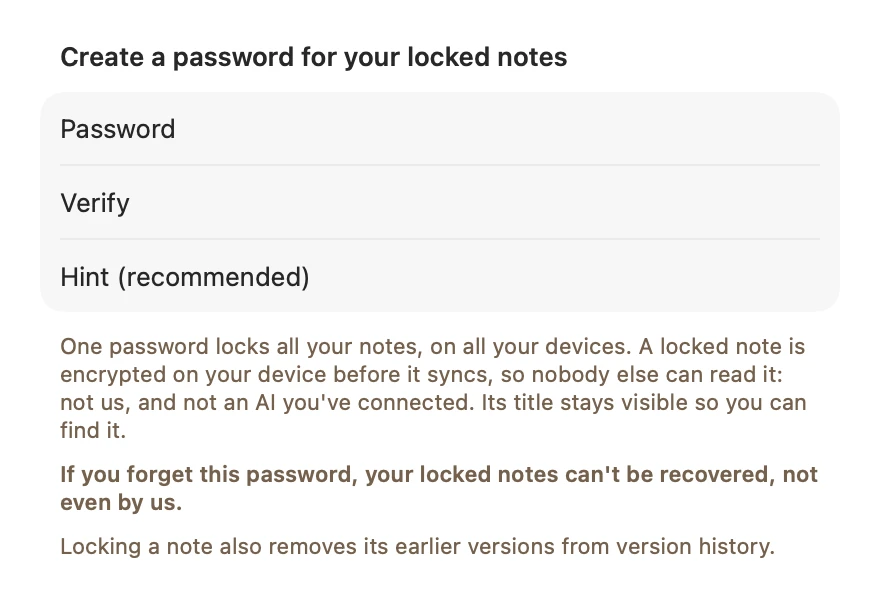 Amber Notes on a Mac: Create a password for your locked notes, with Password, Verify and Hint fields, and the warning that if you forget this password, your locked notes can't be recovered, not even by us.