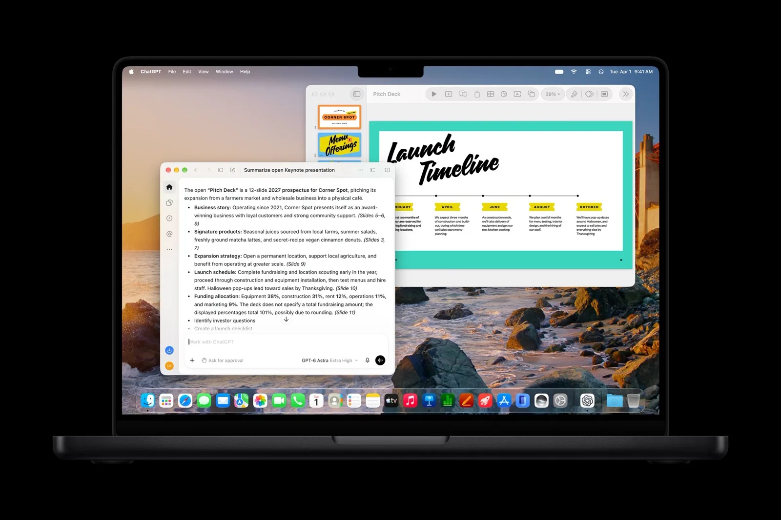 A MacBook Pro with Keynote open on a pitch deck and the ChatGPT app beside it, answering Summarize open Keynote presentation with a slide by slide summary.