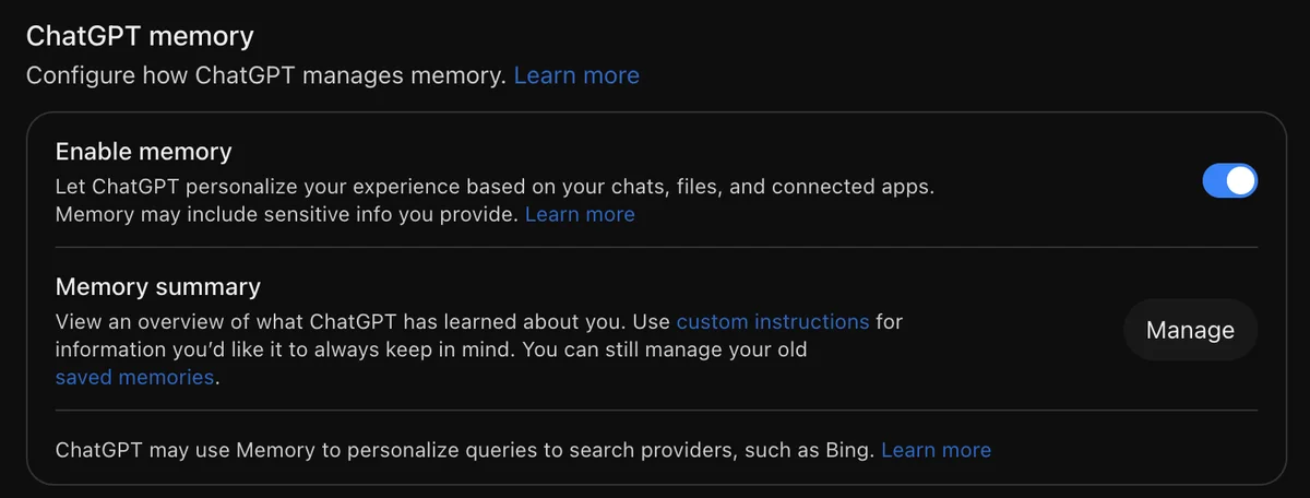 ChatGPT's Personalization settings: ChatGPT memory, with Enable memory switched on and Memory summary with a Manage button and a link to manage your old saved memories.