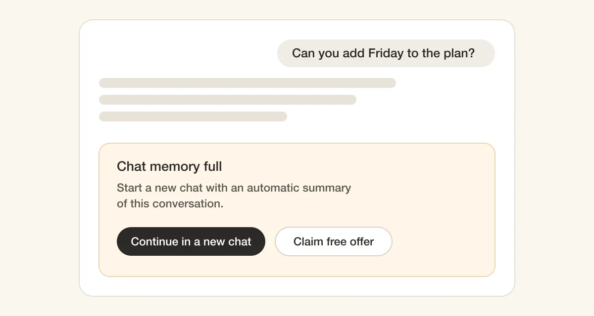 A drawing of a ChatGPT chat ending in a warning box: Chat memory full. Start a new chat with an automatic summary of this conversation. Buttons: Continue in a new chat, Claim free offer.