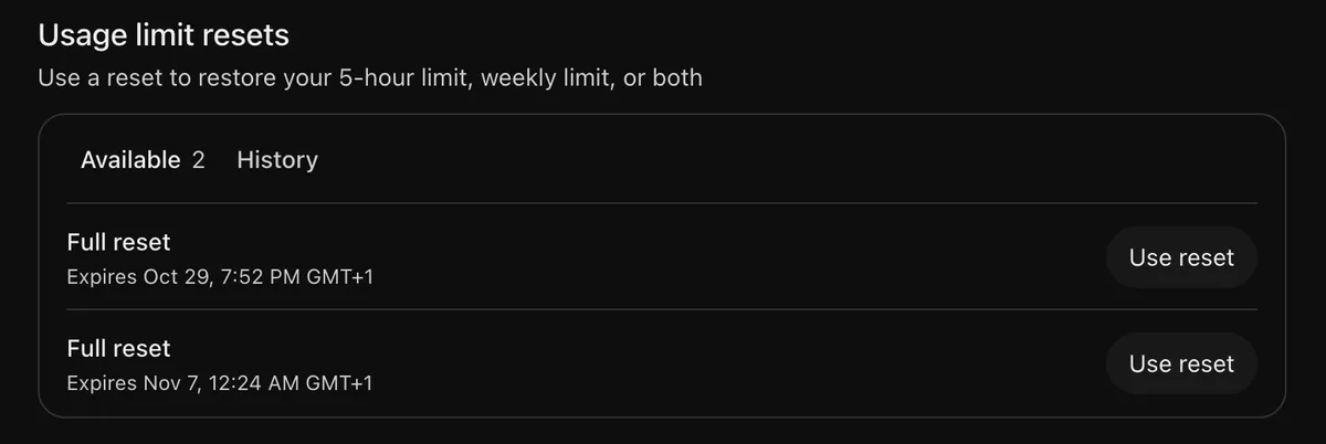 ChatGPT's Usage settings: Usage limit resets, Use a reset to restore your 5-hour limit, weekly limit, or both, with two Full resets available, expiring Oct 29 and Nov 7, each with a Use reset button.