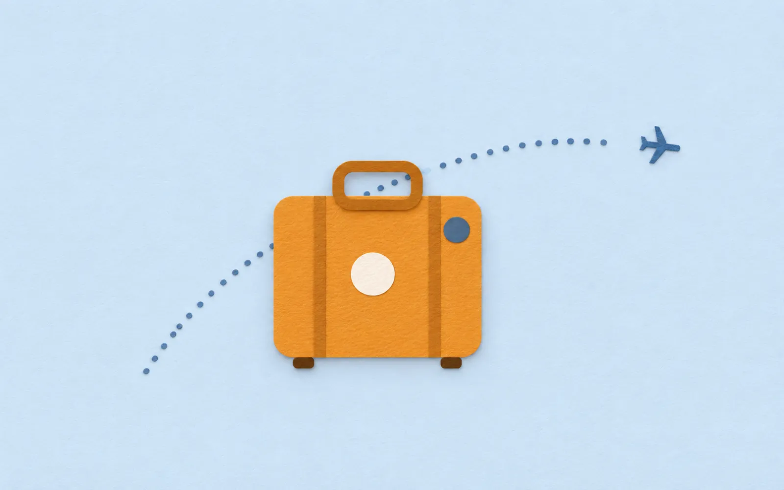 An orange suitcase and a plane on a dotted flight path