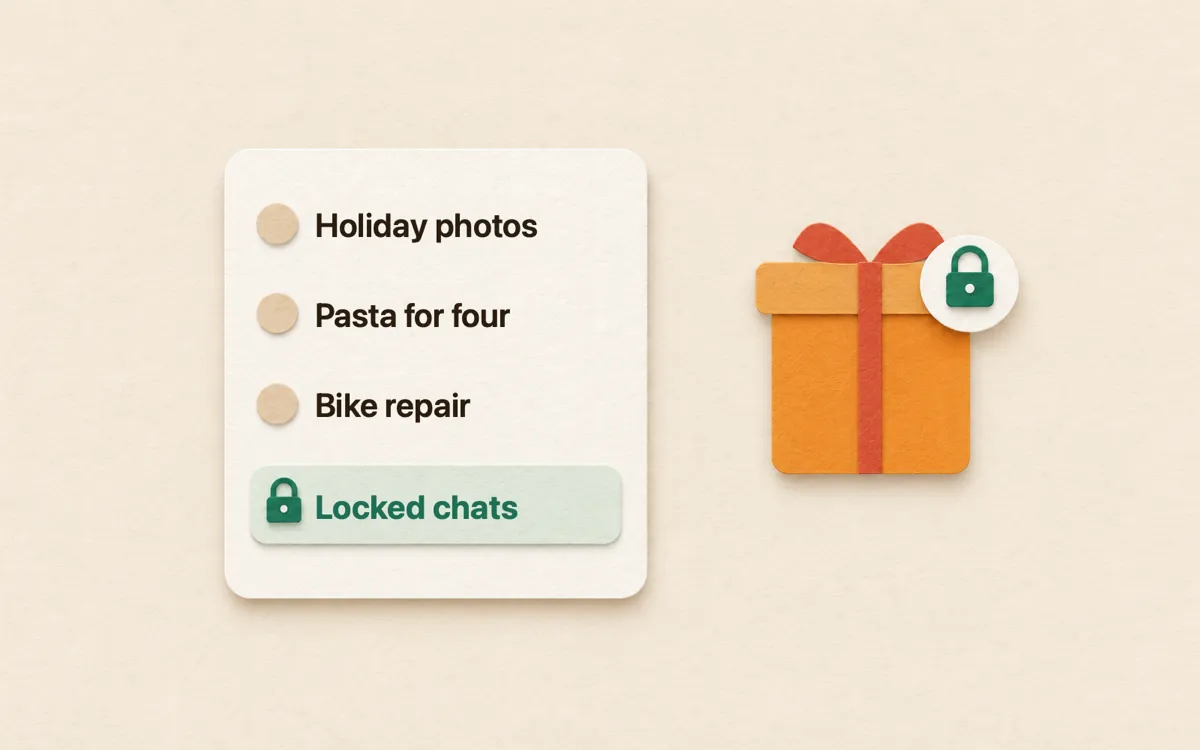A ChatGPT chat list showing Holiday photos, Pasta for four and Bike repair, with a Locked chats row at the bottom, next to a wrapped present with a padlock on it.