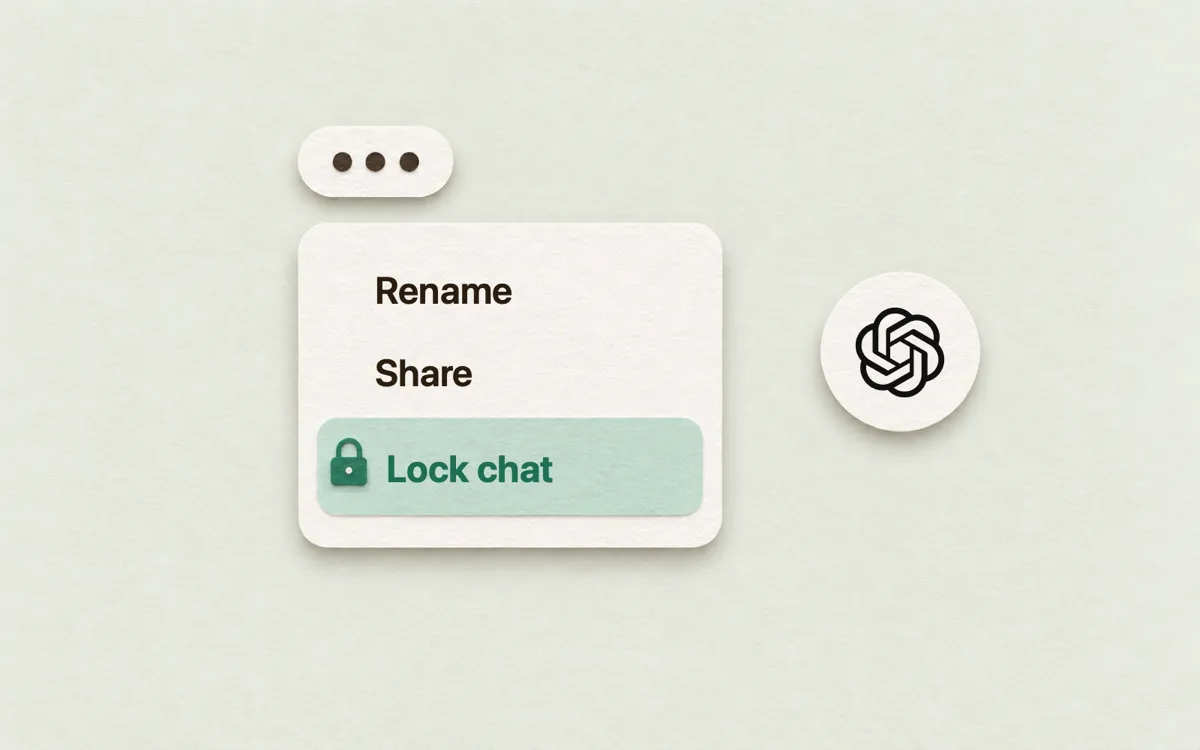 The ••• button above a small menu with Rename, Share and a highlighted Lock chat option with a padlock, beside the ChatGPT logo.