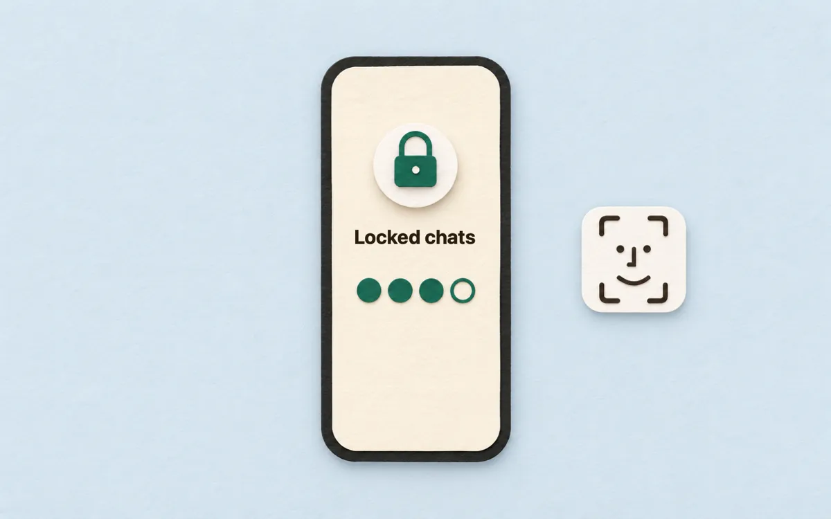 A phone showing Locked chats with a padlock and four PIN dots, three of them filled, next to a Face ID symbol.