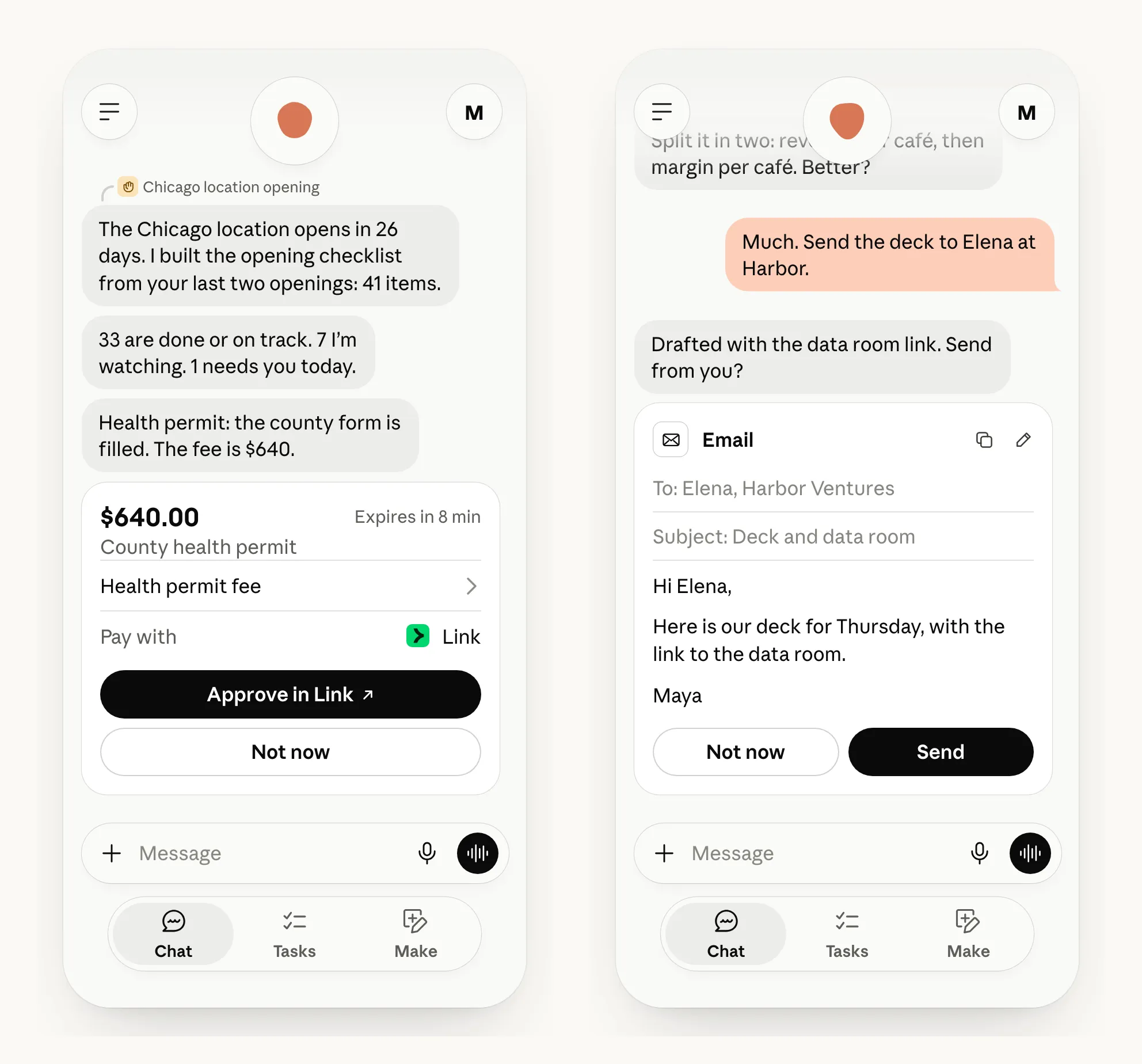 Two Claude Duet approval cards. One asks to pay a 640 dollar county health permit fee with Link, with Approve in Link and Not now buttons. The other shows a drafted email to Elena at Harbor Ventures with Not now and Send buttons.
