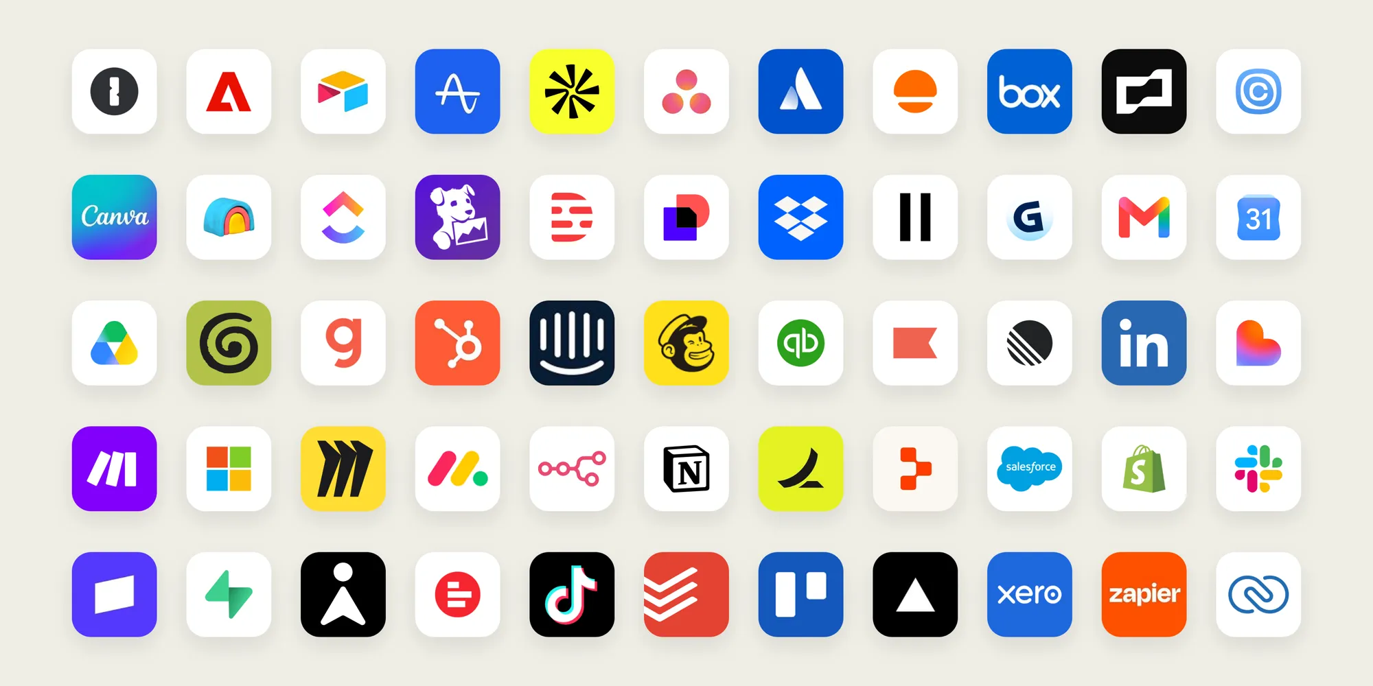 A grid of app icons that work with Claude Duet, including Gmail, Google Calendar, Google Drive, Slack, Notion, HubSpot, Canva, Shopify, Zapier, Xero and QuickBooks.