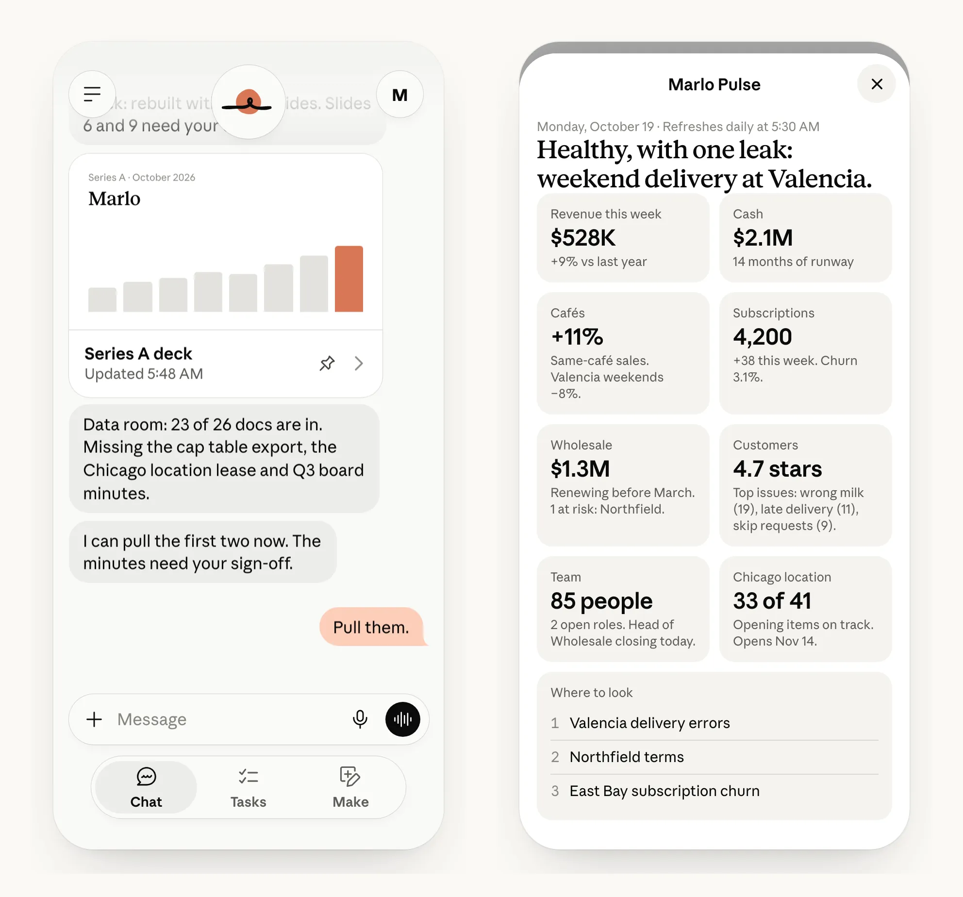 Two Claude Duet screens. One shows a Series A deck it rebuilt, with a bar chart, and says the data room has 23 of 26 documents. The other shows Marlo Pulse, a one-page dashboard with revenue, cash, subscriptions and where to look.