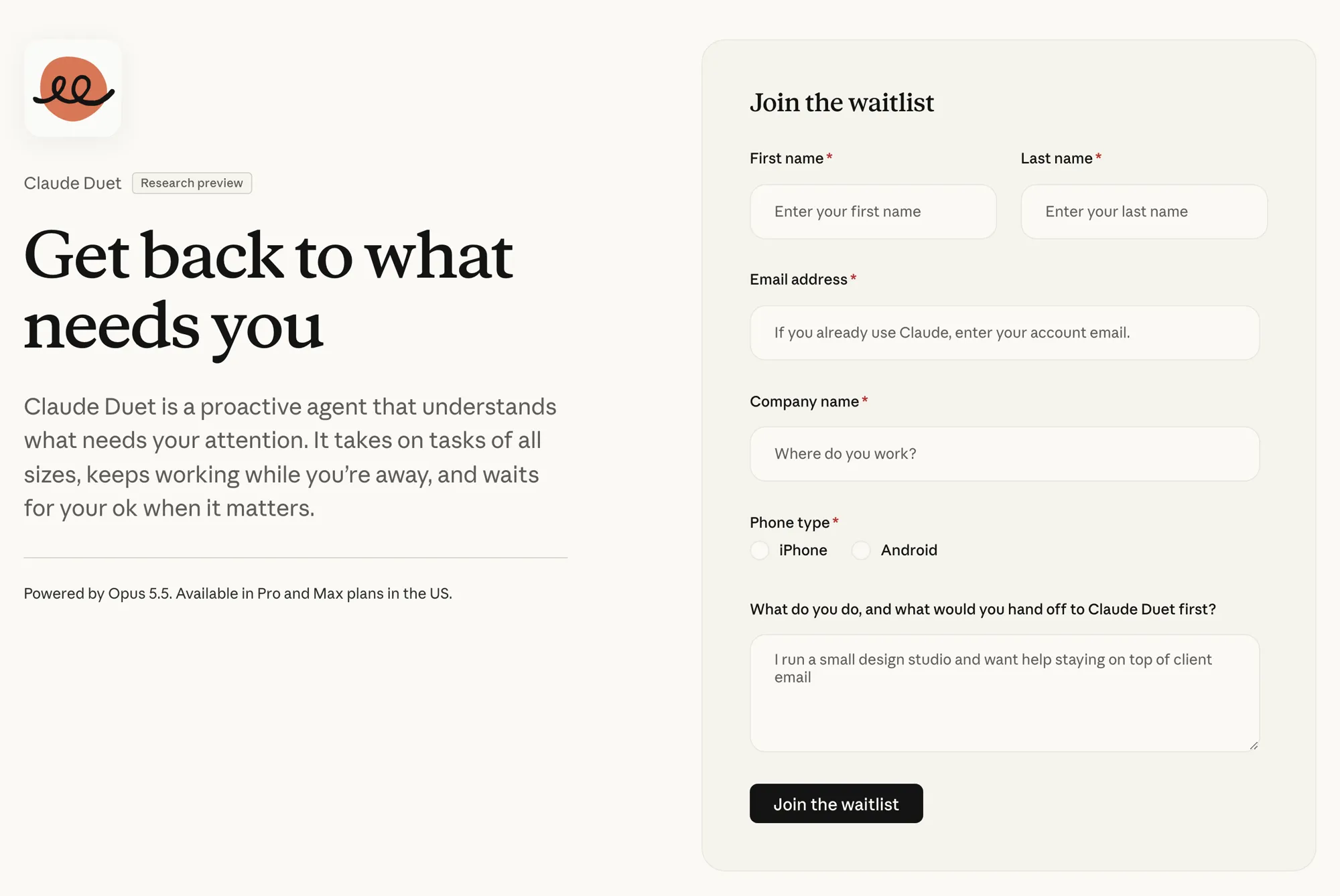 The Claude Duet page on claude.com: Get back to what needs you, and a Join the waitlist form asking for name, email, company, phone type (iPhone or Android) and what you would hand off to Claude Duet first.