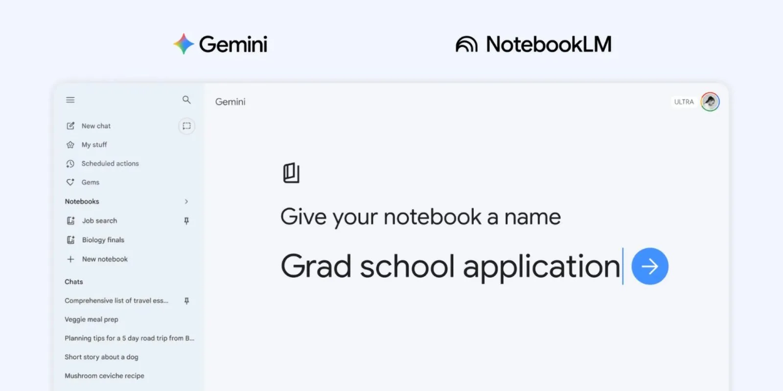 The Gemini app on the web with Notebooks in the side menu, listing Job search and Biology finals, and a new notebook being named Grad school application. The Gemini and NotebookLM logos are above it.