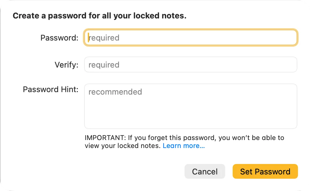 Creating a notes password in Apple Notes on macOS 27: Password, Verify and Password Hint fields, and the warning that if you forget this password, you won't be able to view your locked notes.