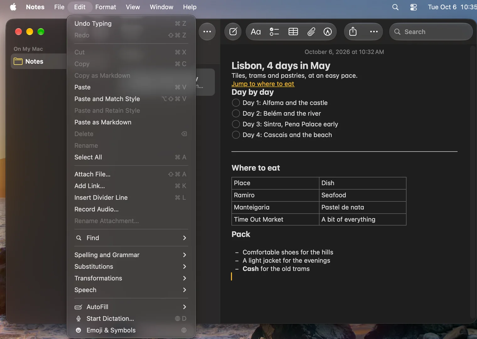 The Edit menu of Apple Notes on macOS 27 in dark mode, with Copy as Markdown, Paste as Markdown, Add Link (Command-K) and Insert Divider Line (Command-L).