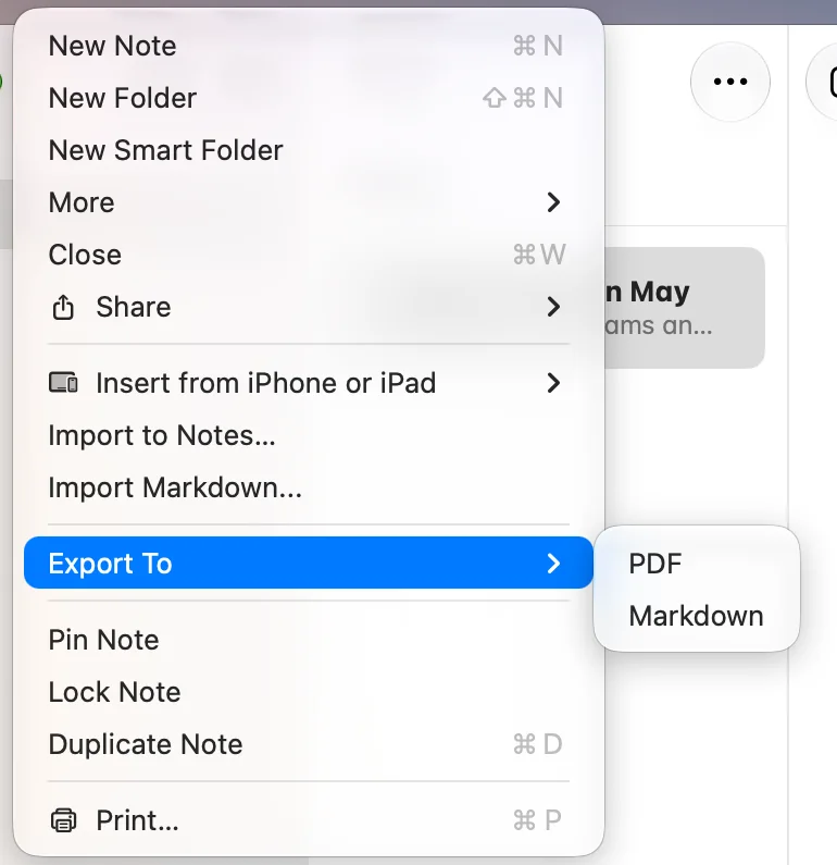 The File menu of Apple Notes on macOS 27, open at Export To, with PDF and Markdown, and Import Markdown above it.