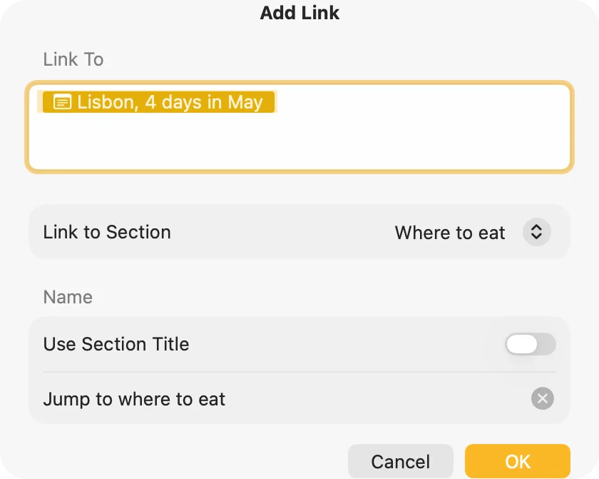 The Add Link dialog in Apple Notes on macOS 27: Link To the note Lisbon, 4 days in May, Link to Section set to Where to eat, Use Section Title off, and the name Jump to where to eat.