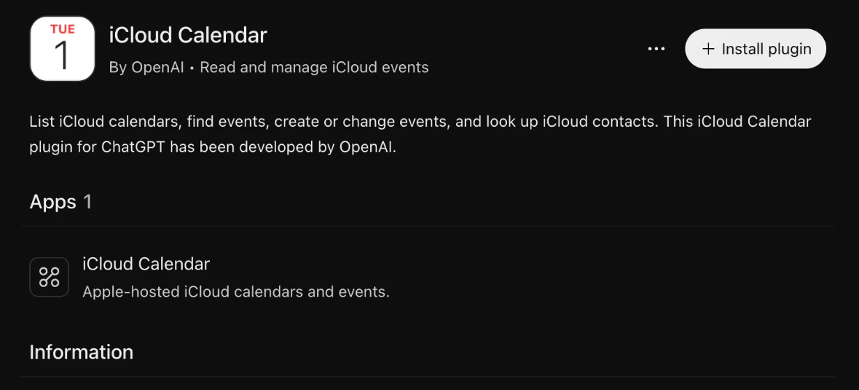 The iCloud Calendar plugin page in ChatGPT, by OpenAI: list iCloud calendars, find events, create or change events, and look up iCloud contacts.