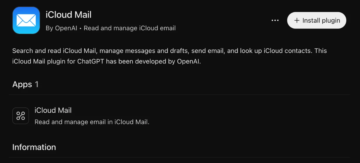 The iCloud Mail plugin page in ChatGPT, by OpenAI: search and read iCloud Mail, manage messages and drafts, send email, and look up iCloud contacts, with an Install plugin button.