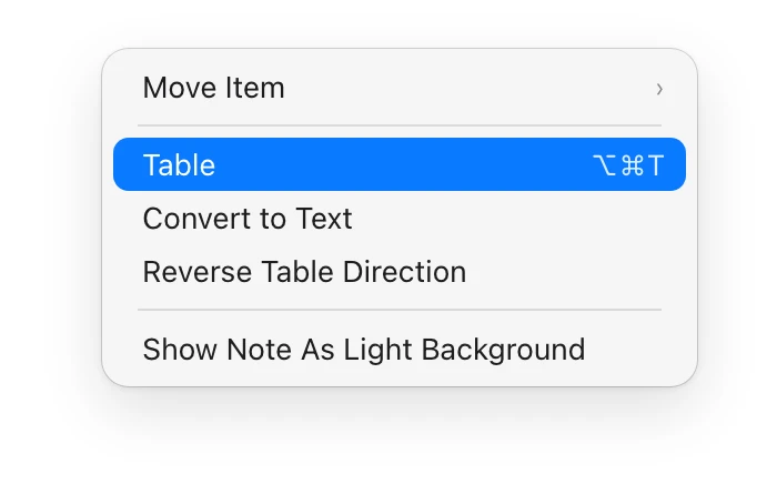 The Format menu of Apple Notes on a Mac running macOS 26, at Table (Option-Command-T), with Convert to Text and Reverse Table Direction below it.