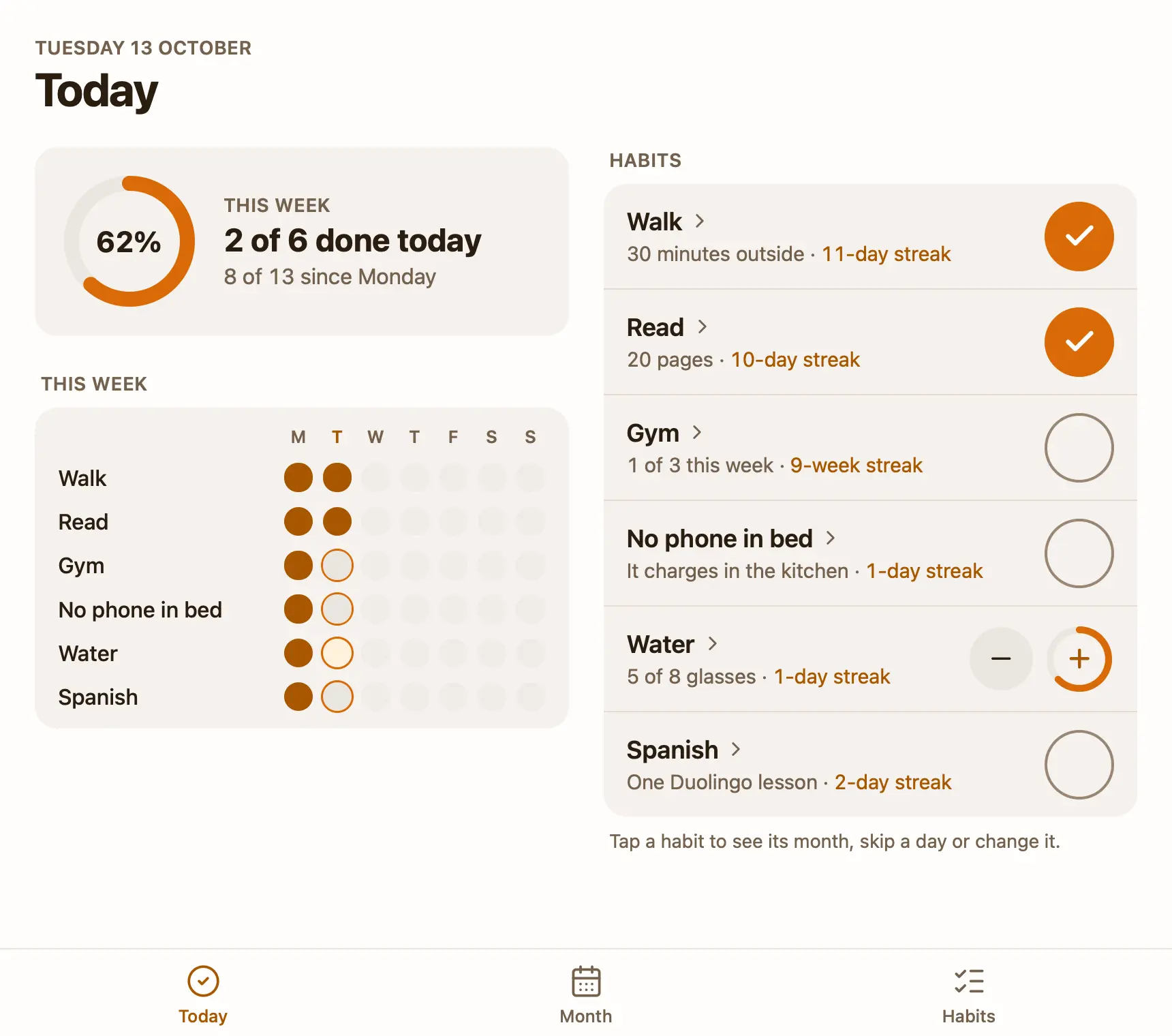 The habit tracker app in a Pinto Notes note on a Mac: this week's ring at 62 percent, 2 of 6 habits done today, a grid of every habit's week, and the habits with their ticks and streaks, including Gym at 1 of 3 this week.