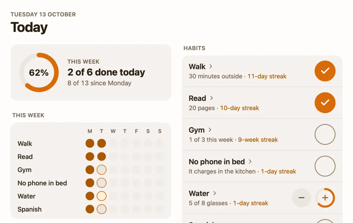 A habit tracker app in Pinto Notes on a Mac: 2 of 6 habits done today, with streaks and the week