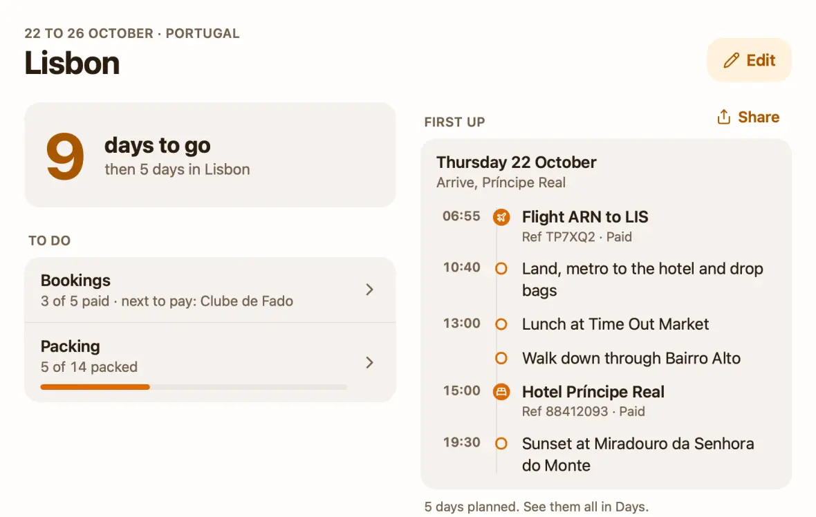 A trip plan app in Pinto Notes on a Mac: Lisbon, 9 days to go, and the first day as a timeline