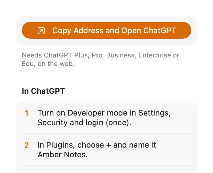 The steps to connect ChatGPT in Amber Notes
