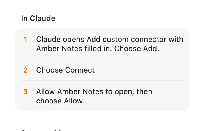 The steps to connect Claude in Amber Notes