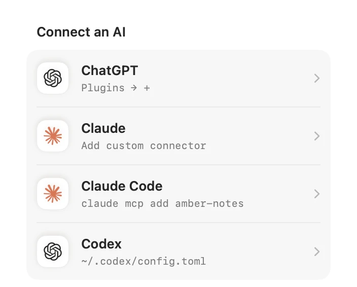 Connect an AI in Amber Notes: ChatGPT, Claude, Claude Code and Codex
