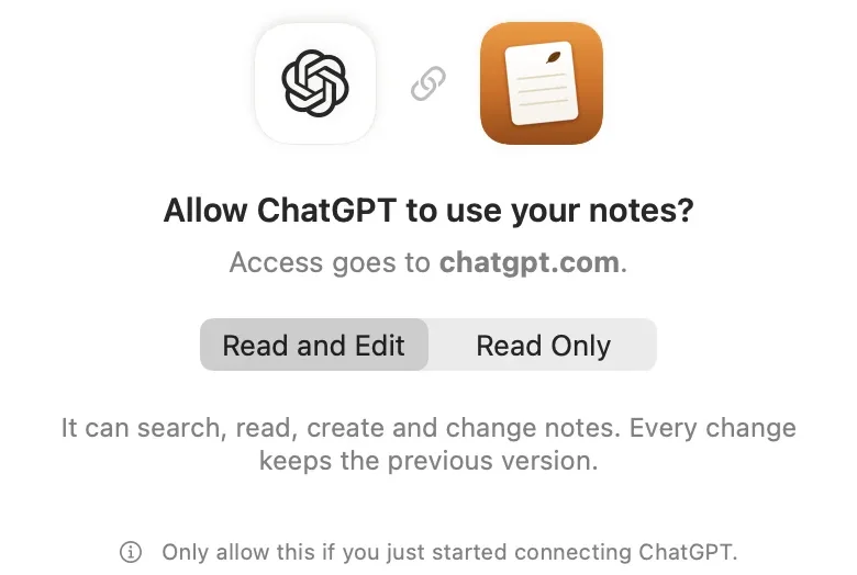 Pinto Notes asking to allow an AI to use your notes, with Read and Edit or Read Only