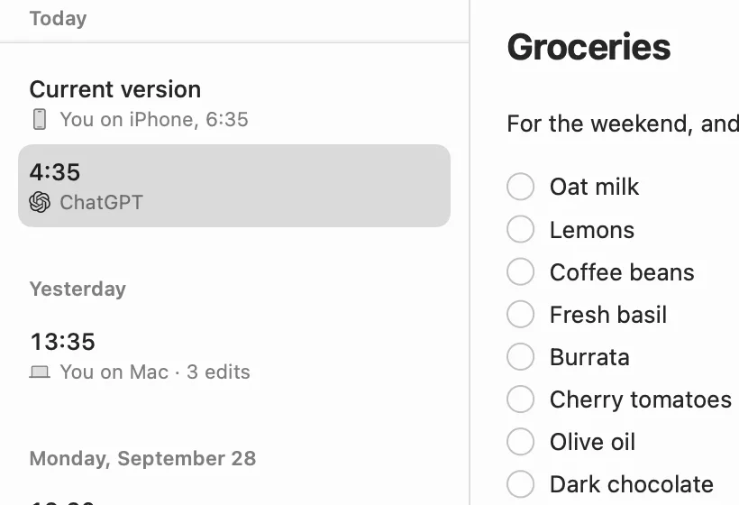 Version history for a Groceries note, with a version by ChatGPT selected
