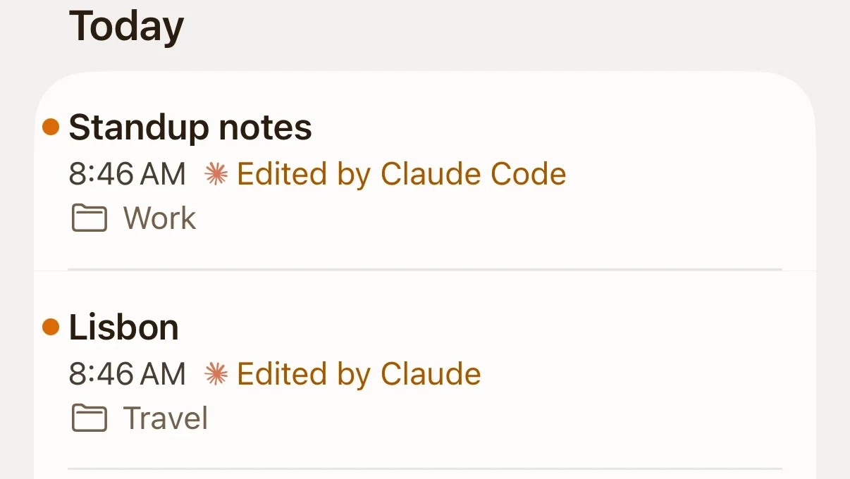 The note list, with notes edited by Claude Code and by Claude
