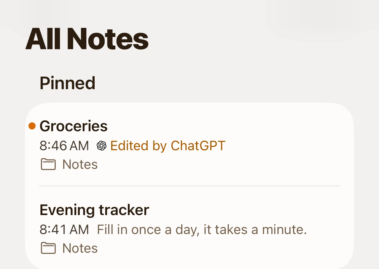 The note list on iPhone, with Groceries edited by ChatGPT