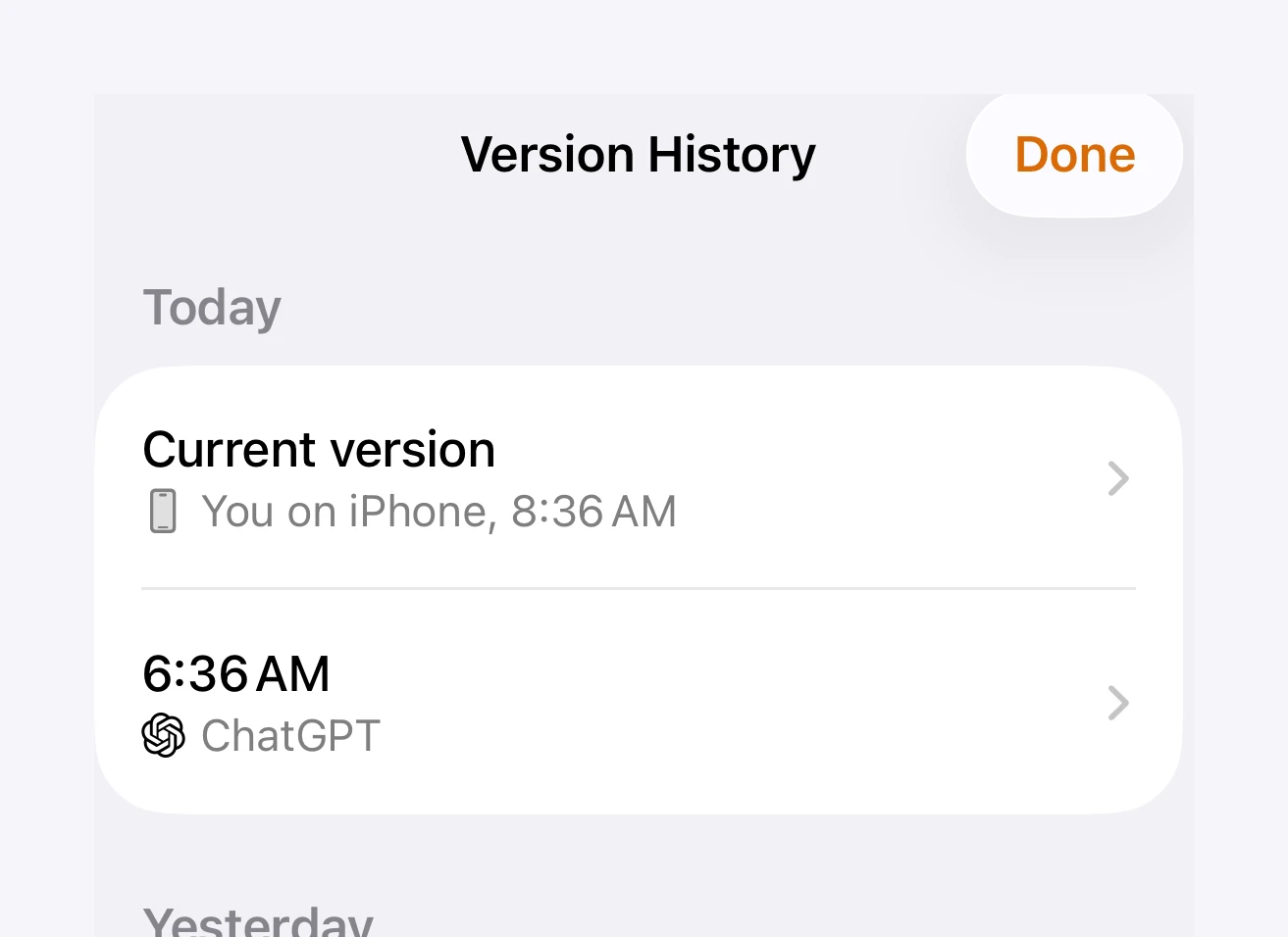 Version history on iPhone, with a version by ChatGPT