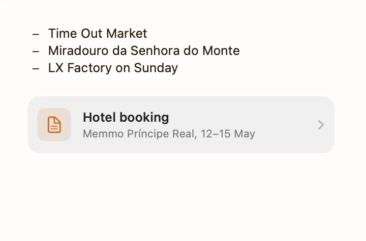 A Lisbon note linking to a Hotel booking sub-note