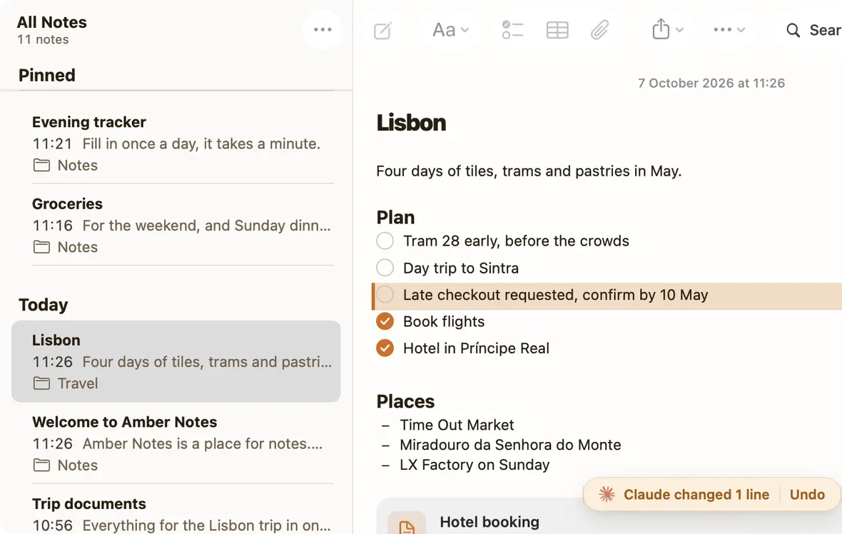 Pinto Notes on a Mac: a Lisbon note with the line Claude added tinted, and Undo