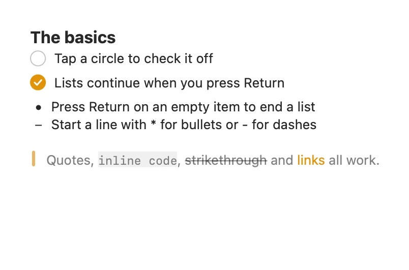 Markdown checklists, bullets and inline code in a note