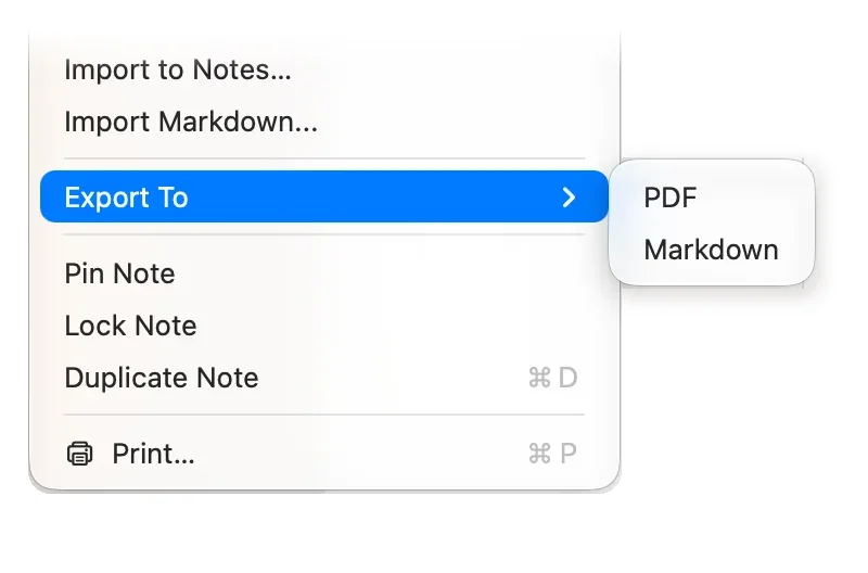The Apple Notes File menu on macOS 27, open at Export To, with Markdown