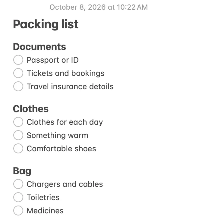 A Packing list note in Apple Notes with Documents, Clothes and Bag checklists