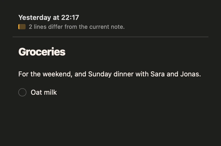 An earlier version of a Groceries note in Amber Notes, in dark mode
