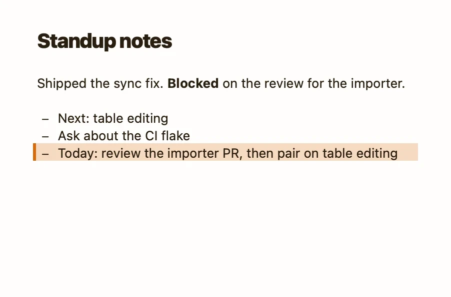 Standup notes with the line Claude Code added tinted
