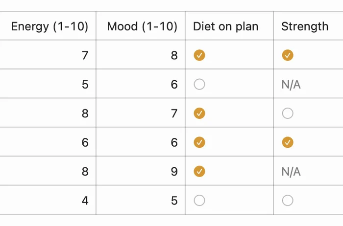 A tracker table in Pinto Notes with mood scores and ticked habits for six days