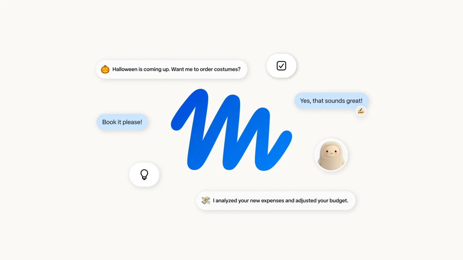 Meta's launch picture for Muse: a blue squiggle logo among chat bubbles, one offering to order Halloween costumes and one saying it adjusted your budget.