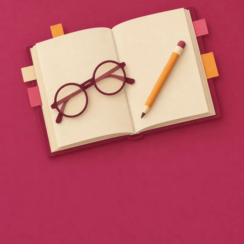 Paper-cut open book with page flags, reading glasses and a pencil