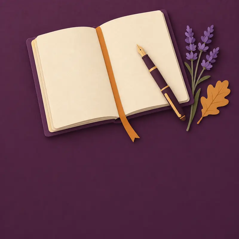 Paper-cut open journal with a ribbon bookmark and a fountain pen, beside a sprig of lavender and an oak leaf