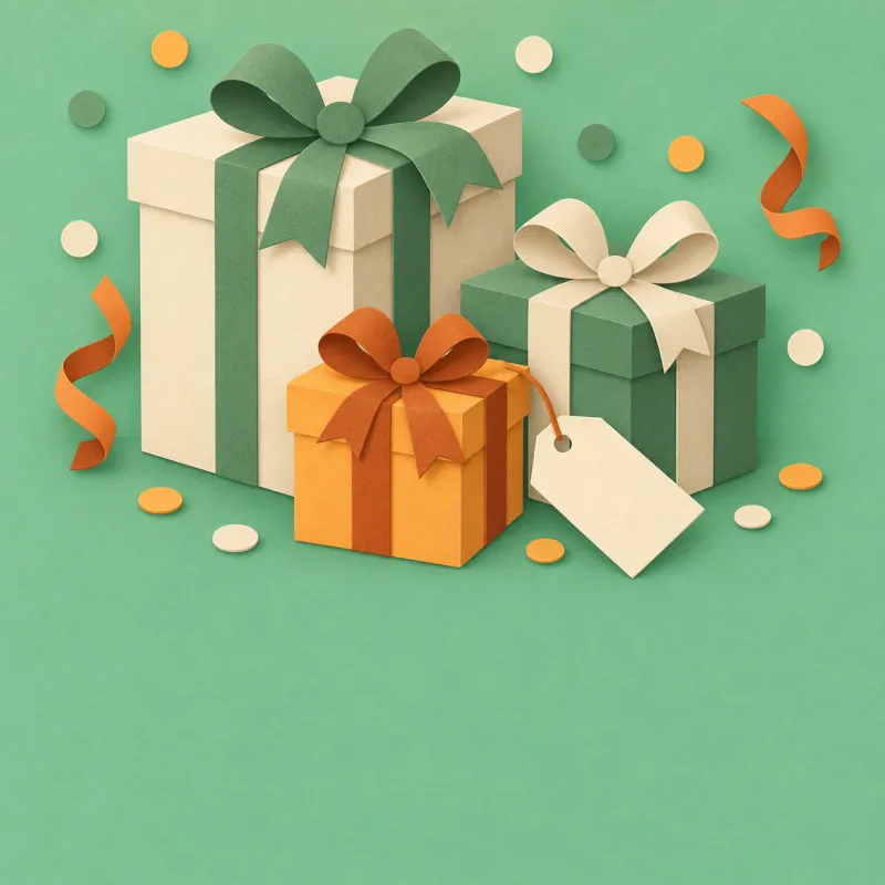 Paper-cut wrapped gift boxes with ribbons, a gift tag and confetti