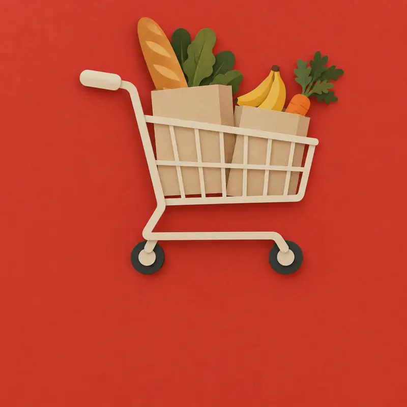 Paper-cut shopping trolley carrying two paper bags with a baguette, greens, bananas and a carrot