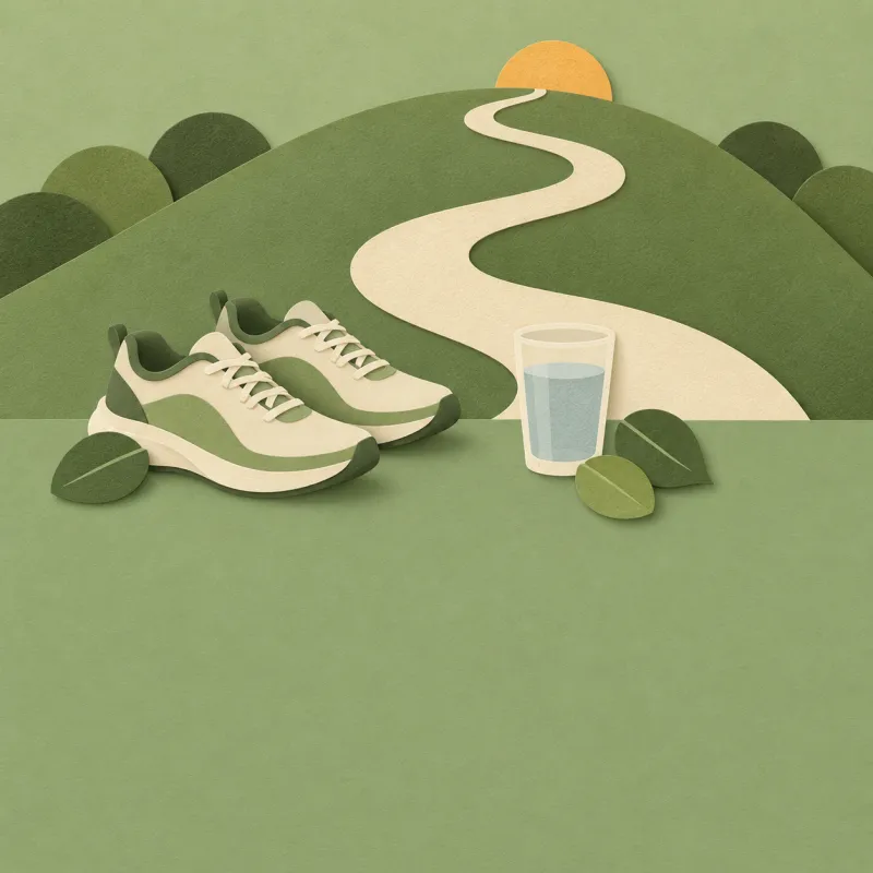 Paper-cut running shoes and a glass of water at the foot of a winding hill path