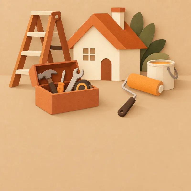 Paper-cut house with a wrench, a paint roller, a step ladder and a toolbox